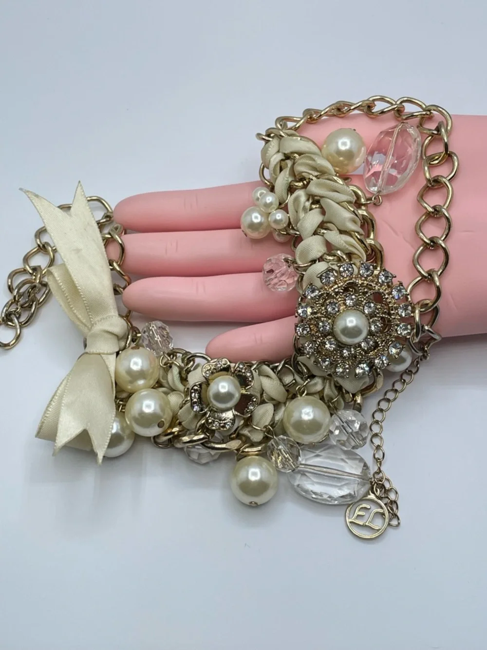 Erica Lyons Gold Faux Pearl Crystal Statement Necklace Bib Bold Weighted
